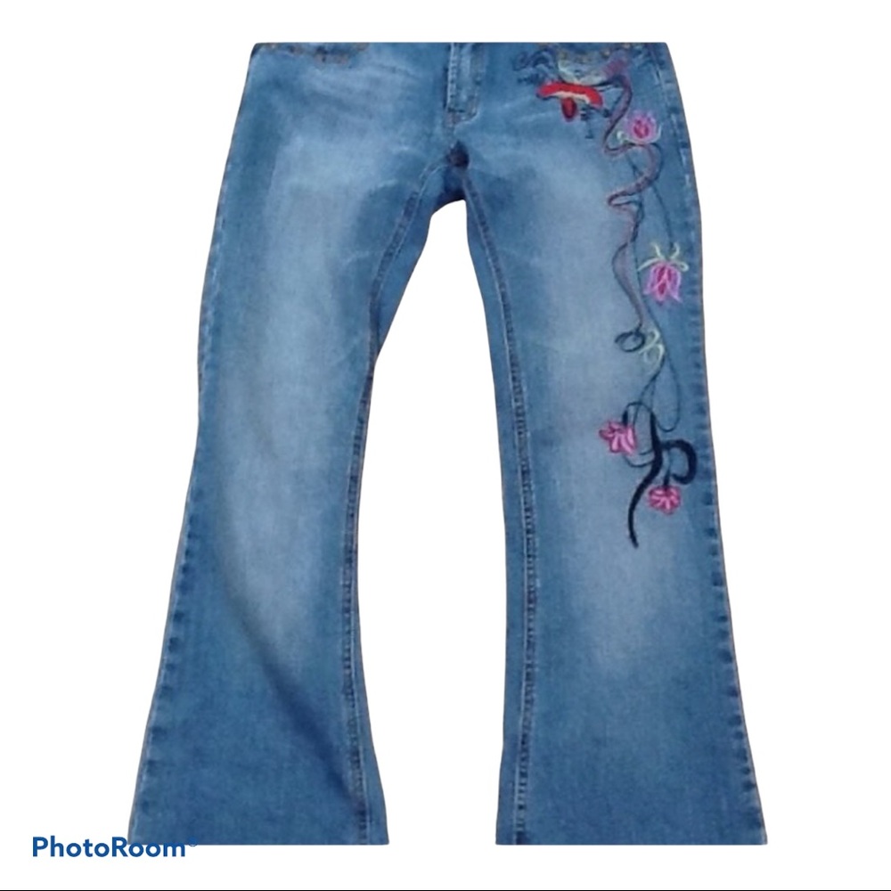 Apollo Flare Leg Jeans‎ Embroidered Design Sz 3/4